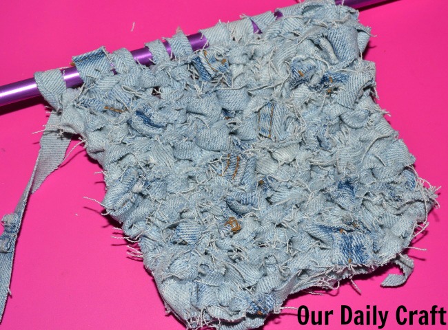knitting with yarn made out of jeans