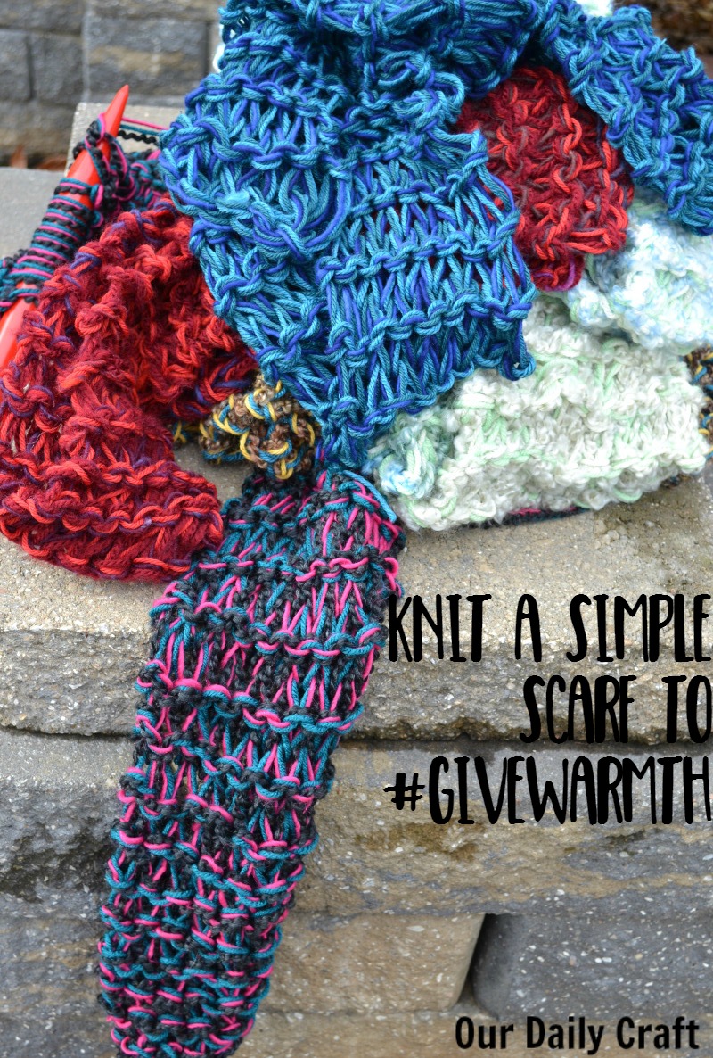 The knit scarf is perfect for knitters of all skill levels and is a quick and easy way to #givewarmth.