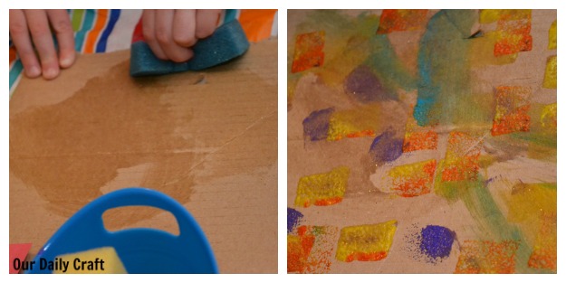 painting on cardboard with sponges