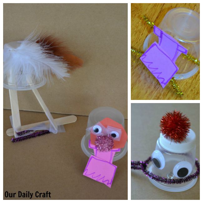 creatures made with pudding cups and craft supplies