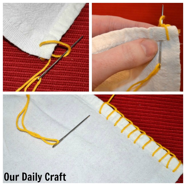making blanket stitch on a tea towel