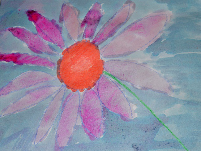 flower painting with crayons and watercolors