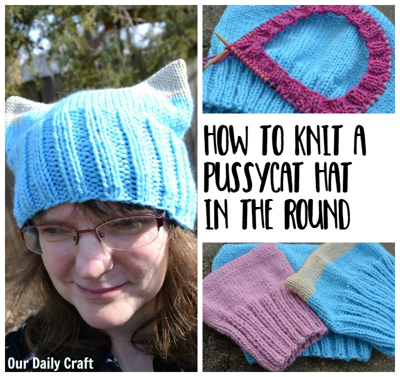 Free pattern to knit a pussyhat/pussy cat hat in the round.